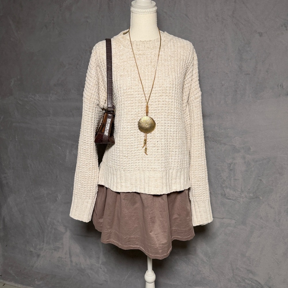 Beach Riot Callie Sweater L/XL Cream Waffle Knit Cozy Crewneck Long Sleeve NWOT